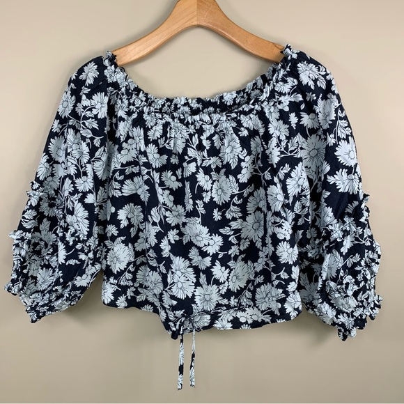 LC Crop Top Navy White Daisy‎ Print Balloon Ruffle 3/4 Sleeves Drawstring Size M - Picture 1 of 15